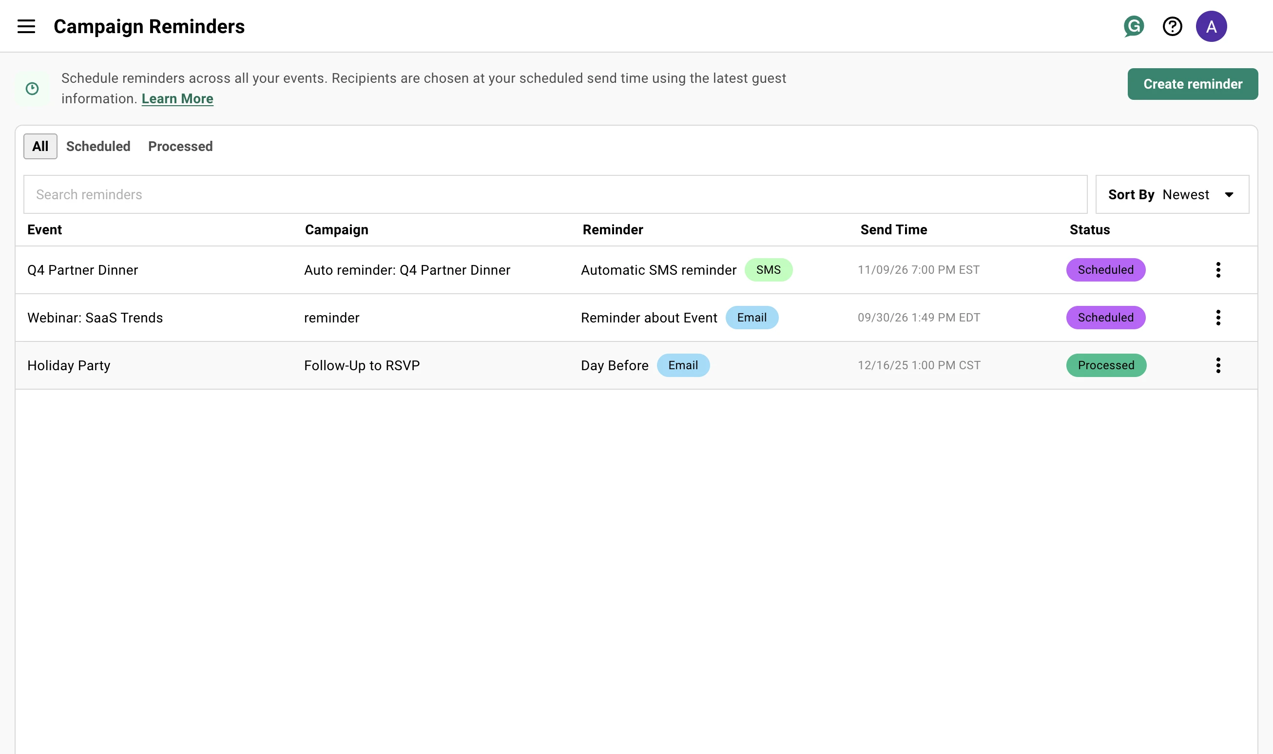 The Campaign Reminders dashboard, with a Create reminder button beside the banner and All, Scheduled, and Processed tabs above a table of Event, Campaign, Reminder, Send Time, and Status. Three rows: the Q4 Partner Dinner's Automatic SMS reminder marked SMS and Scheduled, a Webinar: SaaS Trends reminder marked Email and Scheduled, and a Holiday Party Day Before reminder marked Email and Processed.