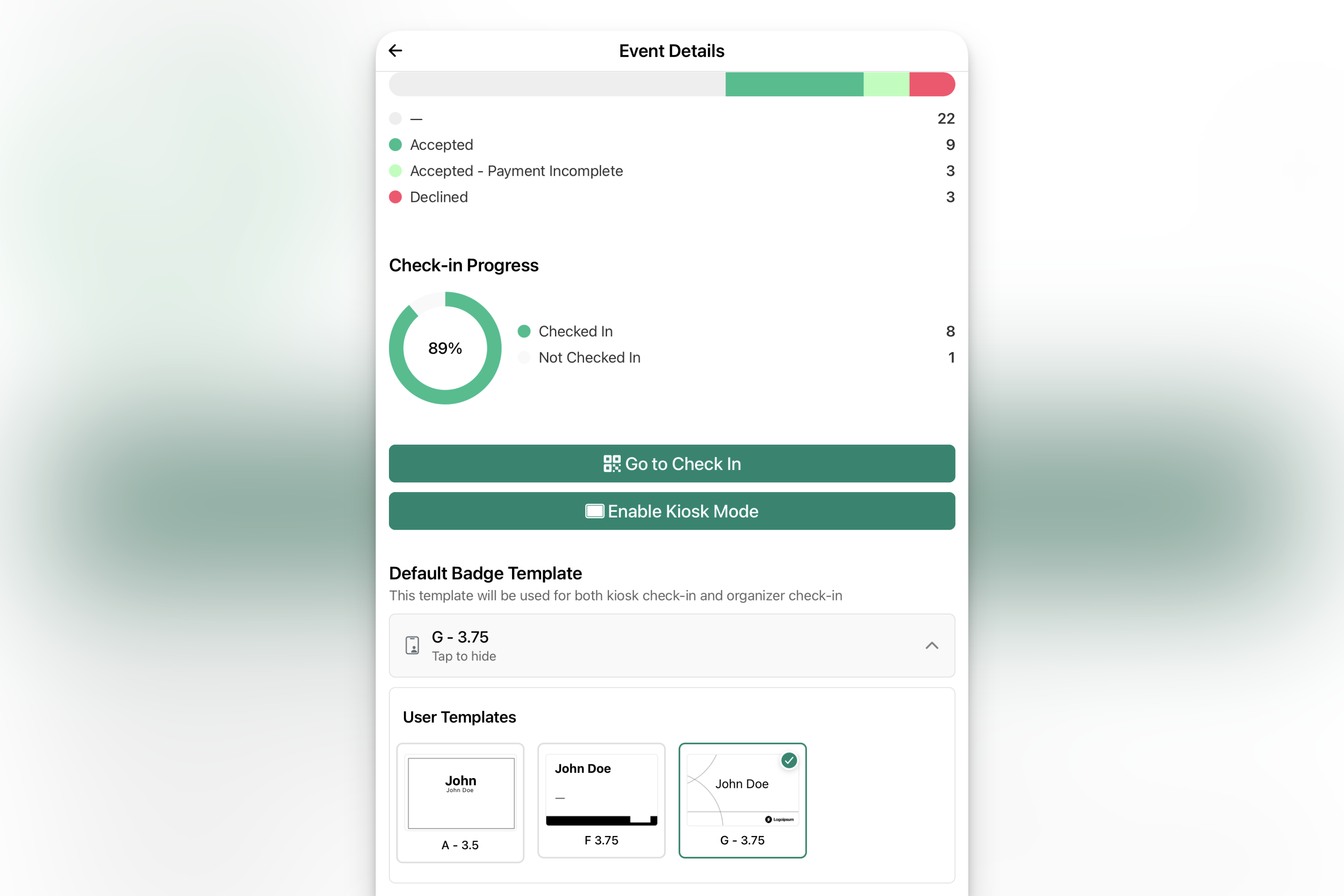 Where to enable Kiosk Mode in the Gatsby organizer app