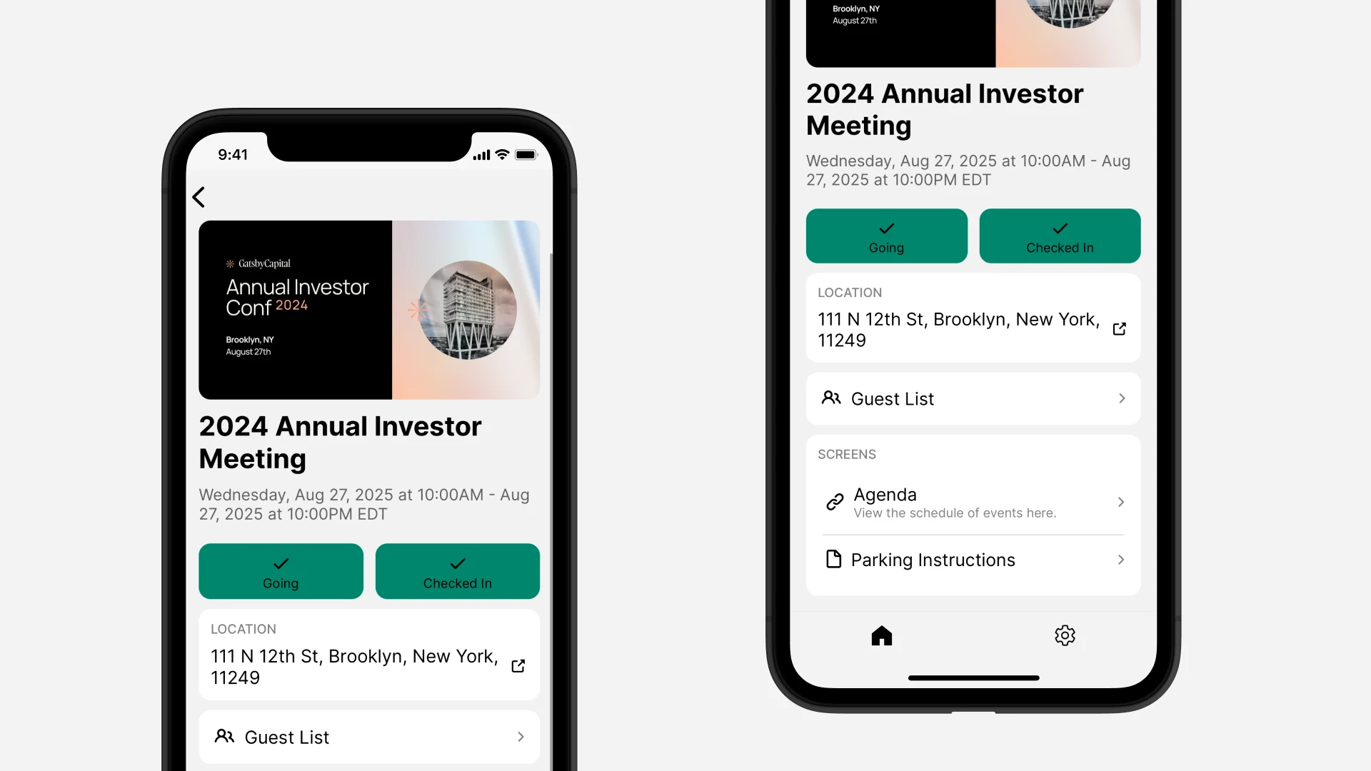 The Gatsby Guest app on two phones: an event page for the 2024 Annual Investor Meeting showing the event banner, date and time, Going and Checked In buttons, the venue address, and the guest list, alongside a second screen scrolled to the Screens section with an Agenda and Parking Instructions