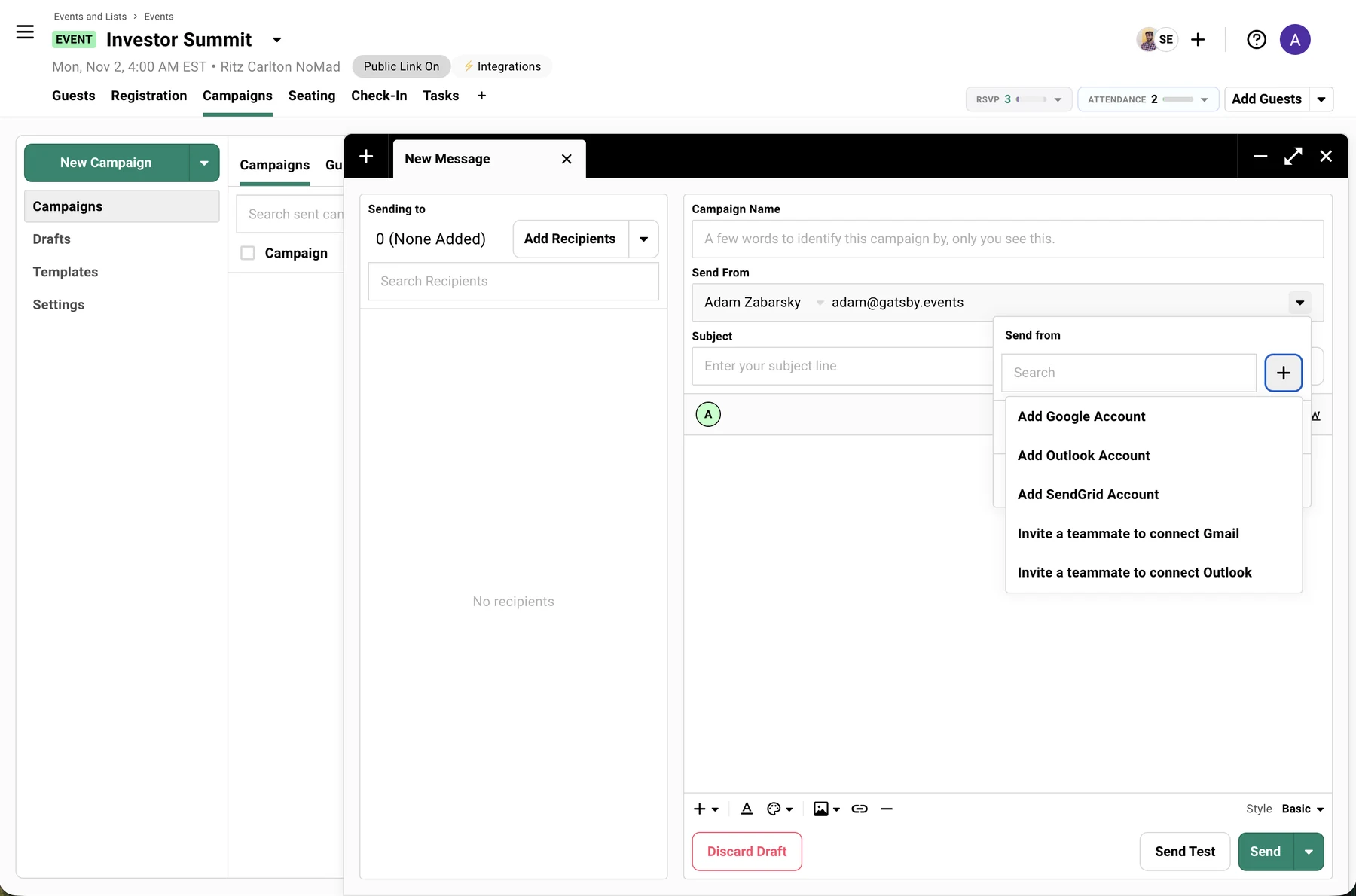 Campaign send-from menu opened from the plus button, showing Add Google, Outlook, and SendGrid Account options alongside Invite a teammate to connect Gmail and Invite a teammate to connect Outlook