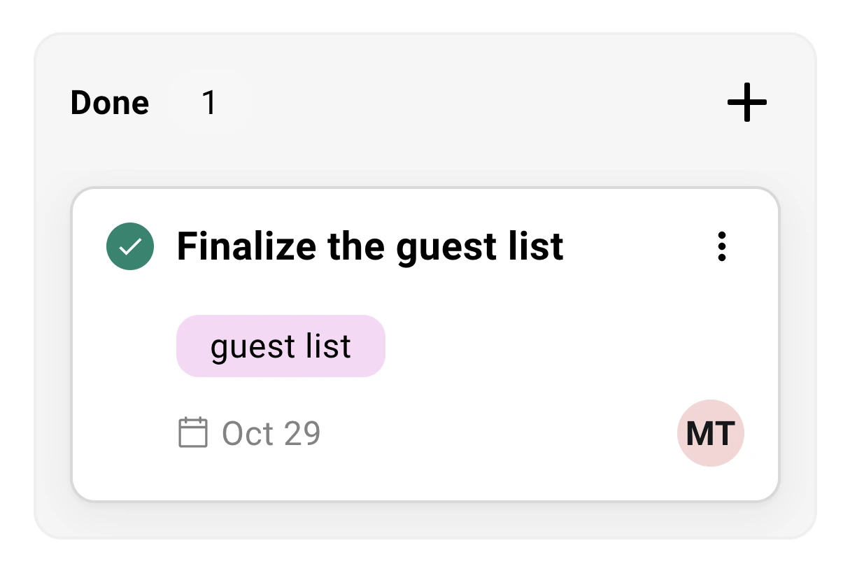 The Done column of a Tasks board, holding one completed card. It reads Finalize the guest list, tagged guest list, due Oct 29, assigned to a teammate