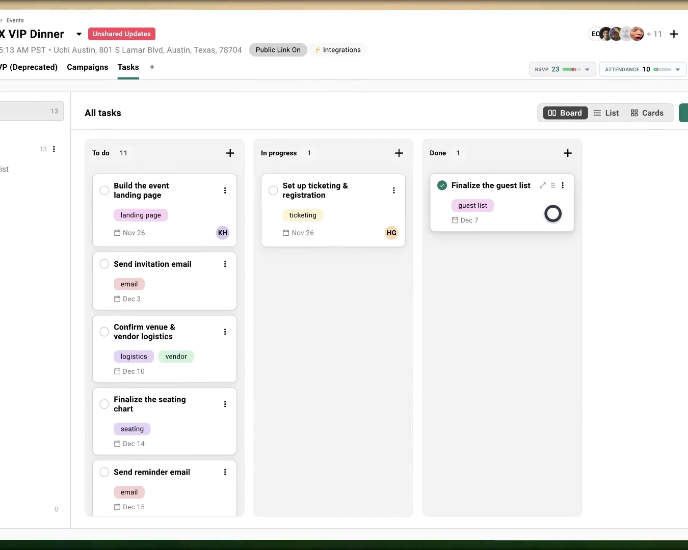 The Tasks board for an event, with To do, In progress, and Done columns holding cards like Build the event landing page and Confirm venue and vendor logistics.
