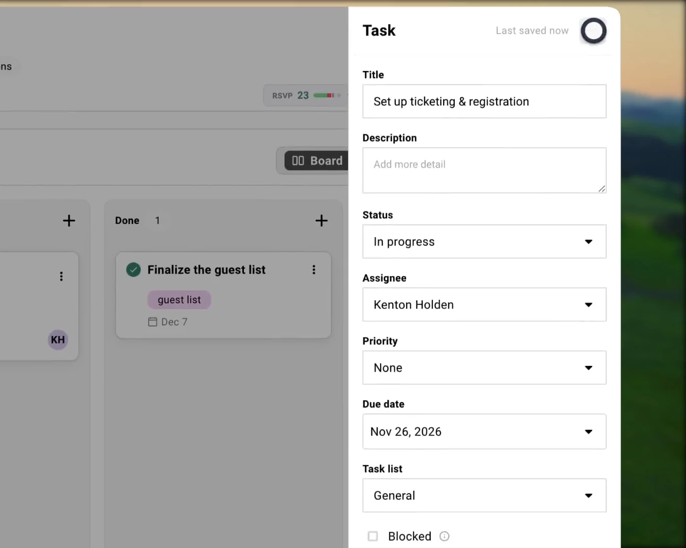 A task detail panel showing the title Set up ticketing and registration, with status, assignee, priority, due date, and task list fields.