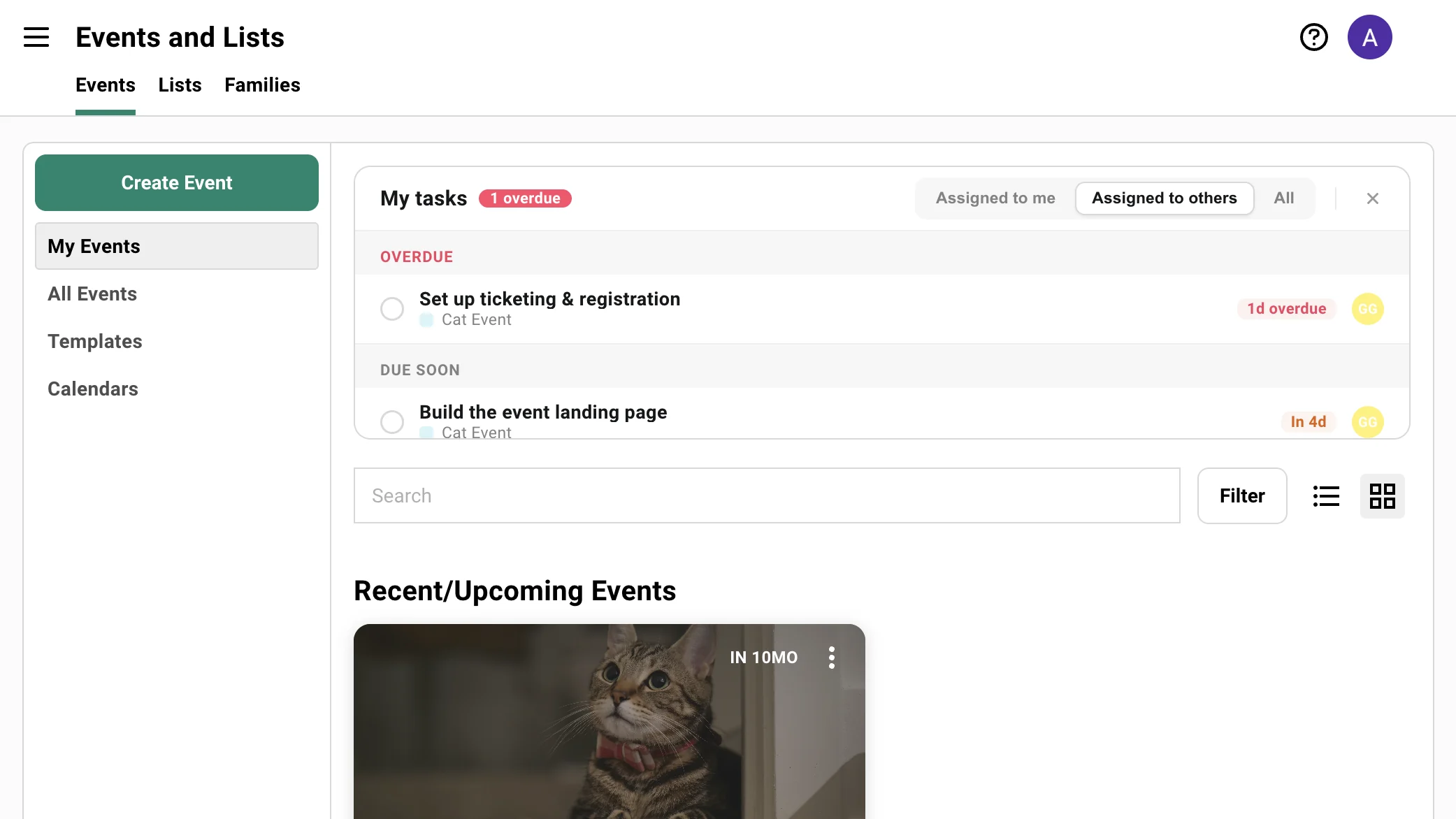 The My Tasks widget on the Events page, showing an overdue task to set up ticketing and a task due soon to build the event landing page.