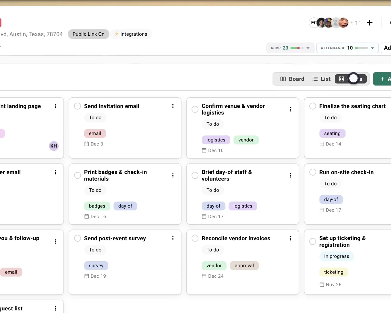 A grid of starter tasks for an event, including building the landing page, sending invitations, confirming the venue, printing badges, and running check-in.
